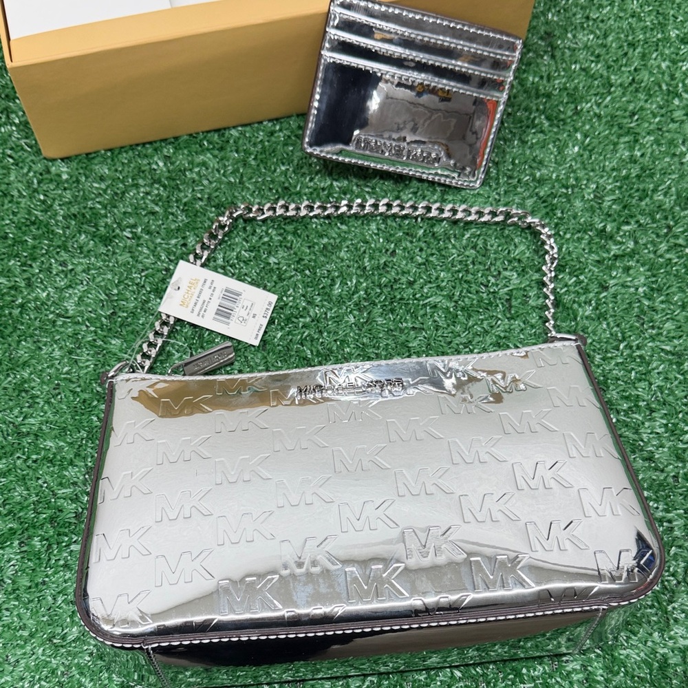 Michael Kors Silver patent logo Convertible  Tote crossbody with Wallet & Box